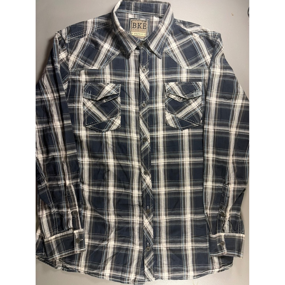 BKE Plaid Button Down Shirt Mens XL Navy Blue Athletic Fit Western Long Sleeve - Picture 6 of 8